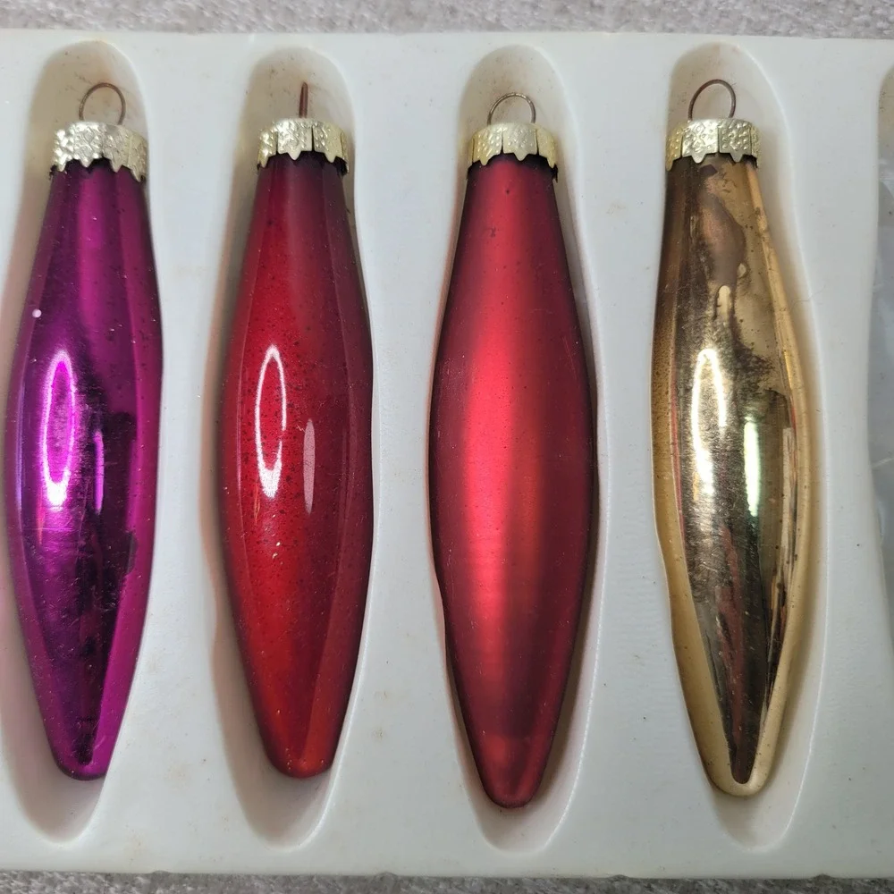 Vintage Glass Christmas Ornaments Teardrop Torpedo Jewel Tone Mixed Set of 9